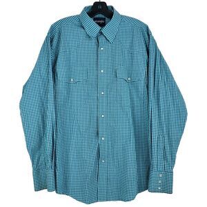 Vintage WRANGLER Shirt Mens Large Blue Shepard Check Plaid Pearl Snap Western